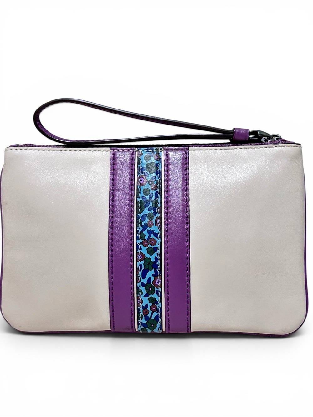 COACH Ranch Floral Stripe Smooth Leather Large Wristlet in Chalk - Picture 3 of 8